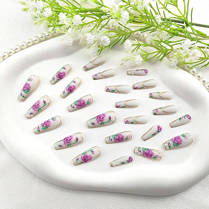 Extra Long Press on Nails Coffin False Nails Purplr Flower Golden Lines Design Pearl Glue on Nails White Acrylic Nails Press ons Glossy Fake Nails Long Coffin Stick on Nails for Women 24Pcs