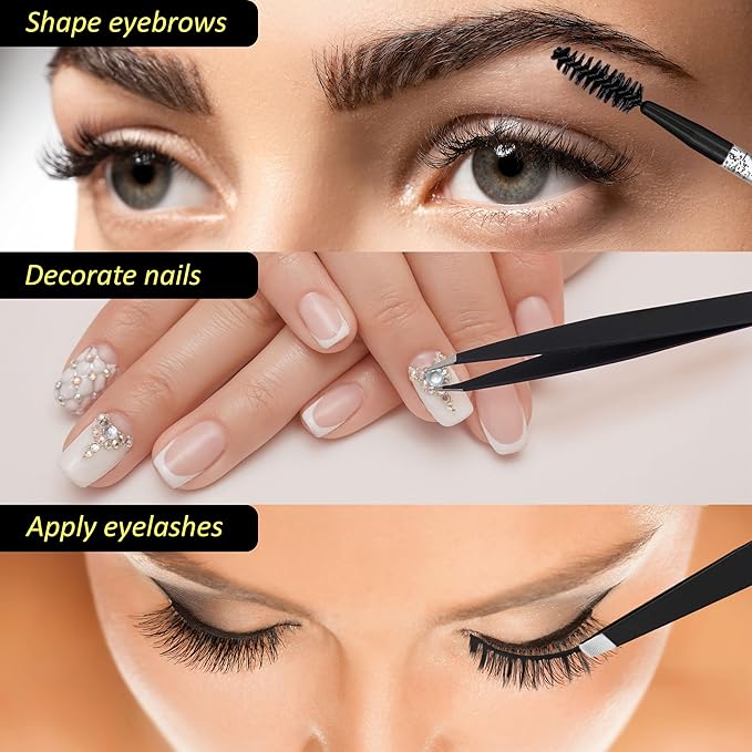 3pc Black Tweezer Set & Glitter Spoolie - Hair Removal Tweezers,Angled and Pointed Tweezer Set, Precision Tweezers & Eyelash Spoolie Set