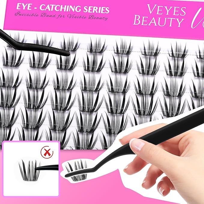 VEYESBEAUTY Lash Clusters Individual Eyelash Extensions Thin & Invisible Band DIY False Eyelashes for Self-application Newbie's Five-Second Series Wispy Lash Tray, Crown 8-16mm Mixed Length