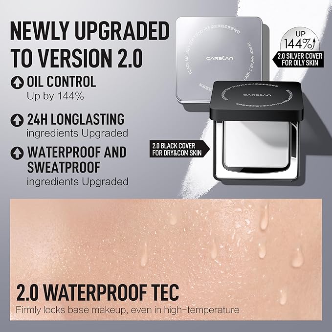 CARSLAN 2.0 Black Magnet Soft Focus Powder, Waterproof Translucent Pressed Setting Powder, 24H Longlasting Talc-Free Face Powder, Oil Control Compact Makeup,01 Blue Purple For Dry&Com Skin, 0.28Oz