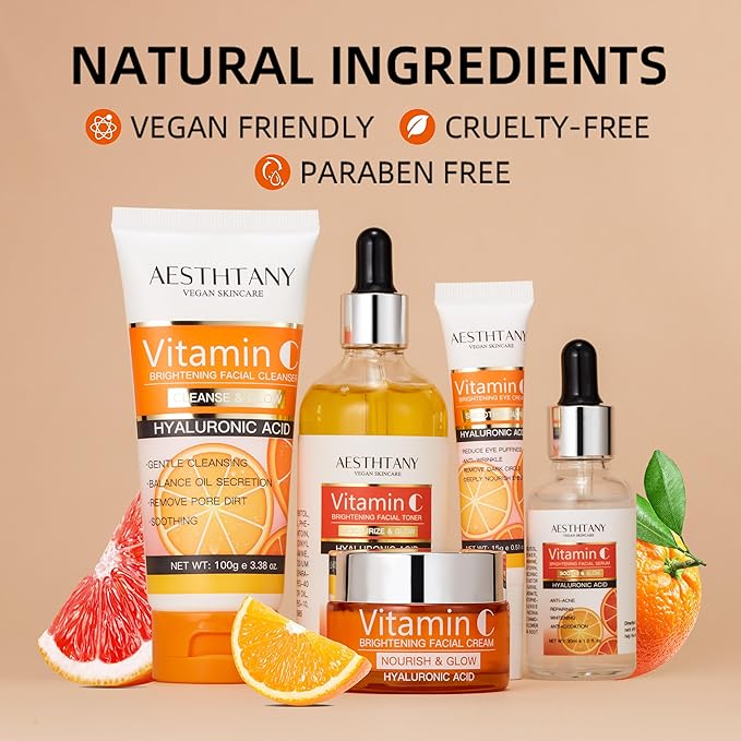 Vitamin C Skin Care Set with Moisturizing Hyaluronic Acid for Face Beauty Gift Set 5PCS