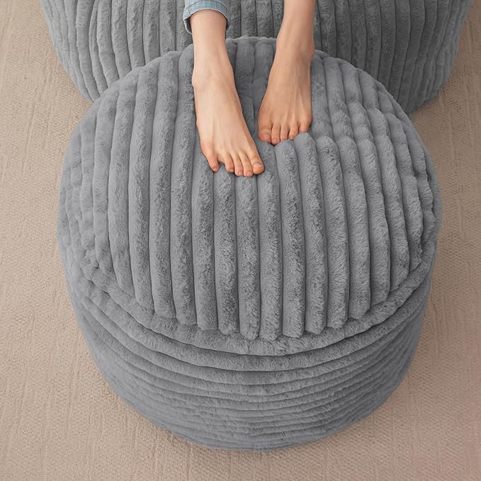 HIGOGOGO Round Stuffed Pouf Ottoman, Stripe Faux Fur Poufs with Foam Chunk Filling, Furry and Fluffy Pouf Foot Stool Storage Ottoman, 20 X 15 Floor Poufs Foot Rest for Living Room, Grey