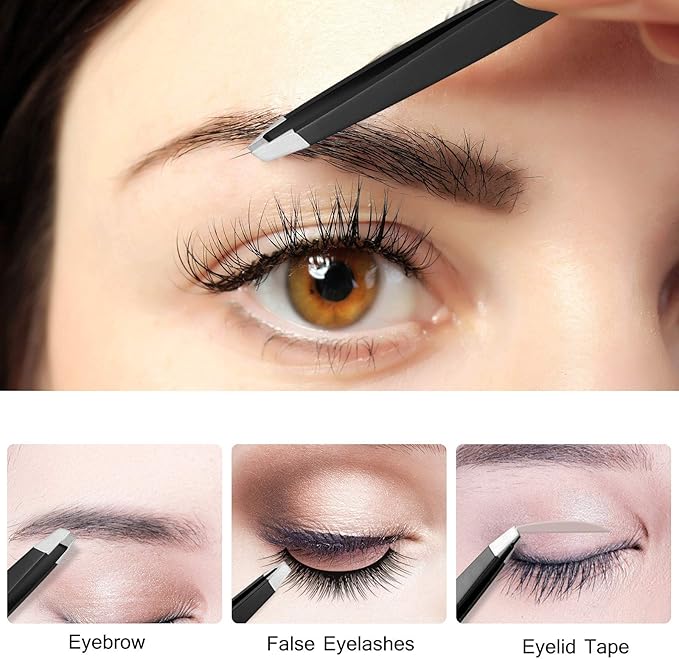HAWATOUR Tweezers Set, 4Pcs Eyebrows Tweezers for Women, Great Precision for Ingrown Hair, Splinter, Facial Hair Removal, Black