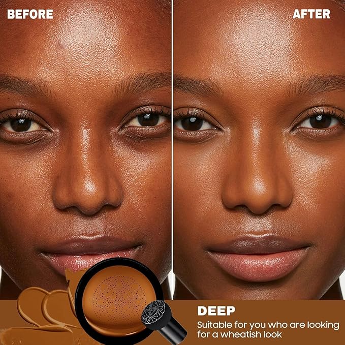 Mushroom Head Air Cushion CC Cream - BB Cream Long-Lasting Color Changing Foundation, Full Coverage Concealer for Older Women, Moisturizing & Brightening Foundation for Mature Skin Makeup (Deep)