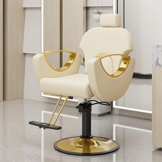 Barber Chair, Salon Chair for Hair Stylist, Height Adjustable Hydraulic Hair Reclining Salon Chairs, 360 Degrees Rotation, Multi-Function Shampoo Chair for Barbershop (Beige)