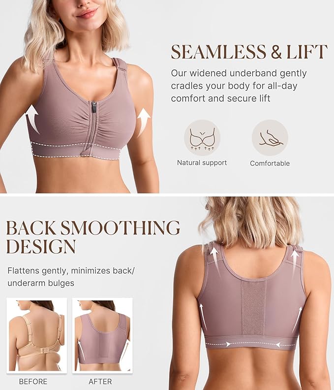 BRABIC Zip Front Closure Everyday Bra for Women Post Surgery Compression Support with Adjustable Straps Wirefree