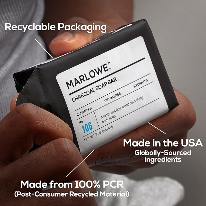 MARLOWE. No. 106 Charcoal Soap 7 oz (3 Bars) Body Bar Soap for Men, Cleansing, Purifying & Hydrating with Natural Extracts, Shea Butter, Olive Oil & Green Tea Extracts, Fresh Woodsy Scent