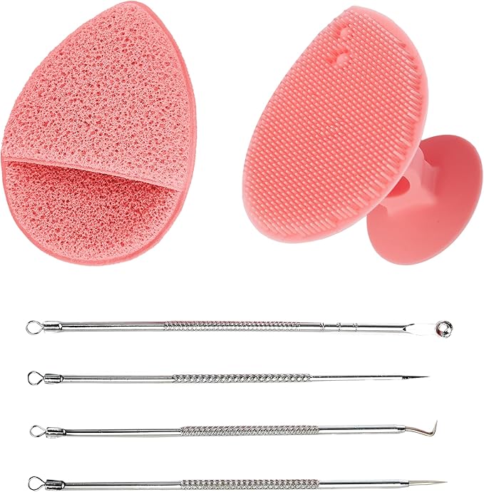 Bella Ciao 6-in-1 Facial Skin Care Products, Makeup Remover, Exfoliating Brush, 4-Piece Blackhead Removal Kit, Complete Skincare Set, Deep Facial Cleansing Brush (Pink)