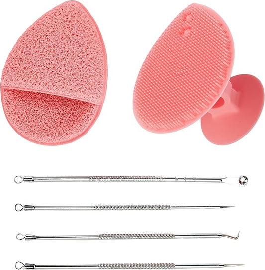 Bella Ciao 6-in-1 Facial Skin Care Products, Makeup Remover, Exfoliating Brush, 4-Piece Blackhead Removal Kit, Complete Skincare Set, Deep Facial Cleansing Brush (Pink)