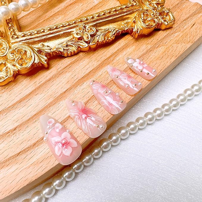 24Pcs Pink Press on Nails Medium Almond Fall Fake Nails with Pearl Glue on Nails 3D Flowers Butterfly Acrylic Nail Tips Gradient French False Nail Full Cover Pink Flower Stick on Nails for Women