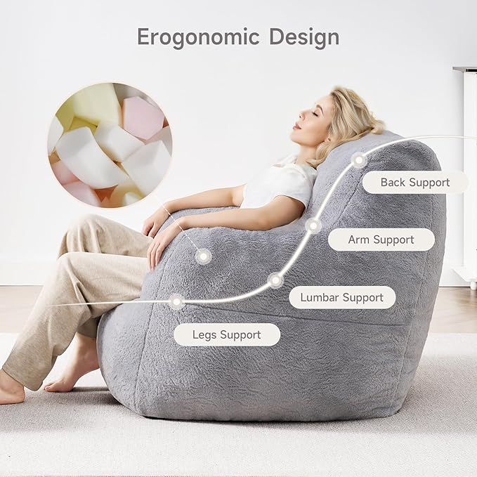 ONBRILL Giant Bean Bag Chairs for Adults with Ottoman, Faux Fur Boneless Chaise Couch Filler with Memory Foam,Large BeanBag Lounge Lazy Floor Sofa Accent Chair for Living Room,Bedroom & Game Rooms