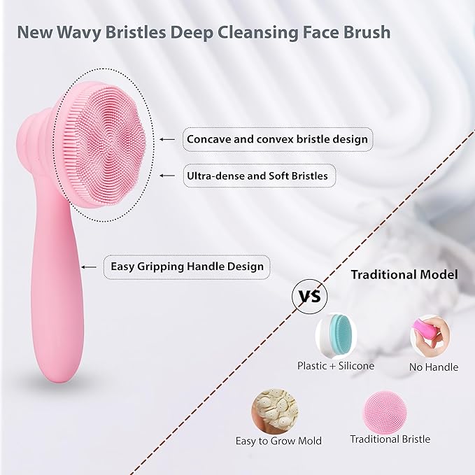 2 PC Silicone Facial Cleansing Brush Facial Scrubber Manual Exfoliating Facial Brush Face Cleanser Face Exfoliator Ultrafine Bristles for Sensitive Skin Easy to Clean Lather Well(Pink&Blue)