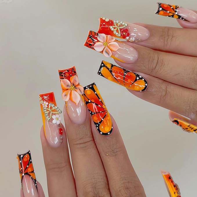 24Pcs Butterfly Wing Press on Nails Long Square Fake Nails 3D Relief Flower with Rhinestone Butterfly Pink White Flower Design False Nails Fall Orange Leopard Print French Tip Acrylic Nails for Women