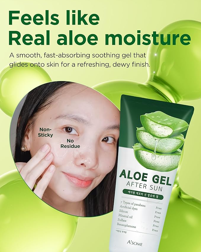 A'SOME After Sun Aloe Soothing Gel Korean Multi-Purpose Cooling Moisturizer with 99% Aloe Vera and Cica for Face Hair & Body for Dry Sensitive Skin, Non-Sticky Formula Free from Parabens, 6.8fl.oz