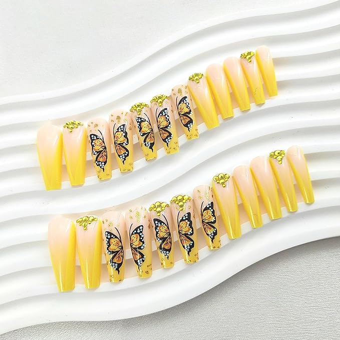 Extra Long Coffin Glue on Nails French Tip Press on Nails Long Yellow Gradient False Nails with Rhinestones Glitter Design Cute Butterfly Fake Nails Glossy Acrylic Nails Press ons for Girls 24Pcs
