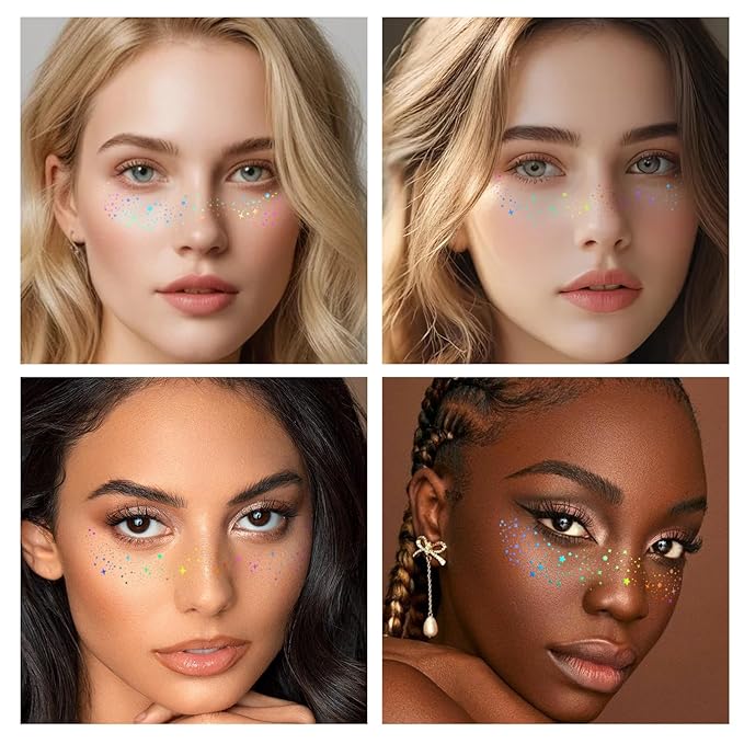 8Pcs Chameleon Glitter Freckles Face Tattoo, Cute Star Holographic Multichrome Waterproof Glitter Speckles Patches, Long Lasting Temporary Tattoos Sticker Makeup for Festive Rave Accessories02