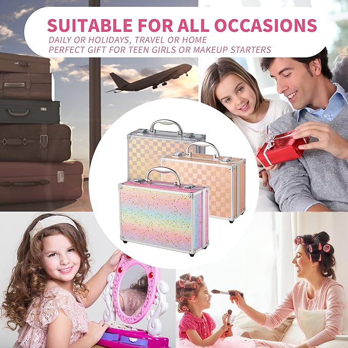 Hot Sugar Makeup Kit for Teenager Girls - Full Starter Cosmetics Set with Eye Shadow Lip Balm Blush Lip Gloss Brush Lip Pencil Eye Pencil and Mirror (Gold Check)