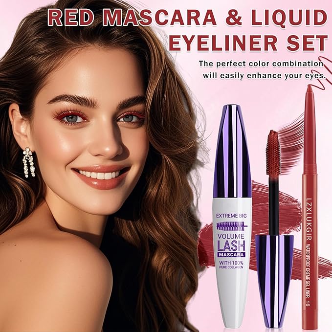 Burgundy Mascara and Eyeliner Set,Natural Curling Red Mascara for Eyelashes,Volumizing Lengthening máscara de pestañas Waterproof,5D Colored Eye Makeup