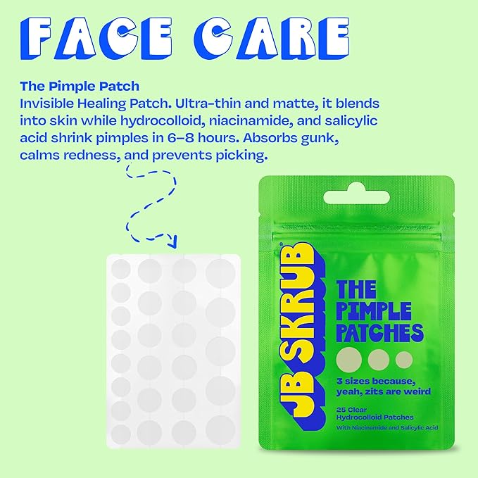 JB SKRUB The Pimple Patches for Face Acne, Ultra Discreet Clear Hydrocolloid Patches with Salicylic Acid & Niacinamide, Skin Care for Kids & Teens - 3 Packs of 25 Small, Medium & Large Spot Treatments