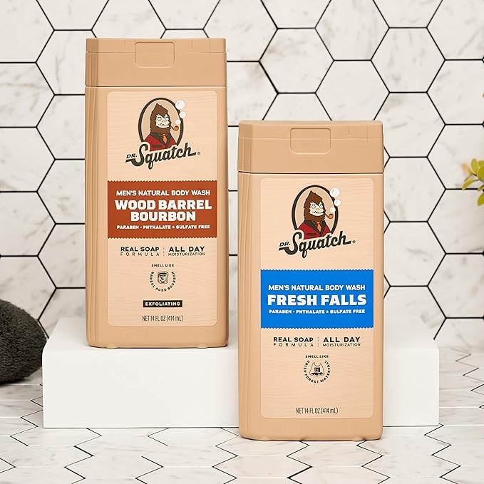 Dr. Squatch NEW Body Wash for Men with Nourishing, Natural Ingredients | No Paraben, Phthalate, Sulfate | All Day Moisture | Long Lasting Scent | Wood Barrel Bourbon & Fresh Falls (14 oz, 2-Pack)