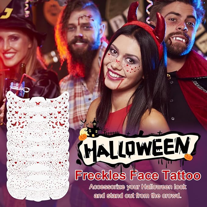 10PCS Halloween Glitter Freckles Face Tattoo, Sparkle Freckles for Women and Kids, Cute Star Waterproof Gold Temporary Face Tattoos Glitter Glow Up Patches (10PCS Red)