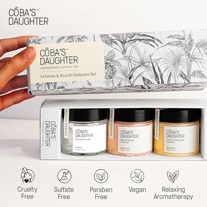 COBA'S DAUGHTER Rattan Gift Basket - 11-Piece Spa Inspired Bath, Body & Hair Kit for Women, Includes Coffee Scrub, Aloe Soothing Gel, Hair Serum, and Travel Minis (11 Pieces)