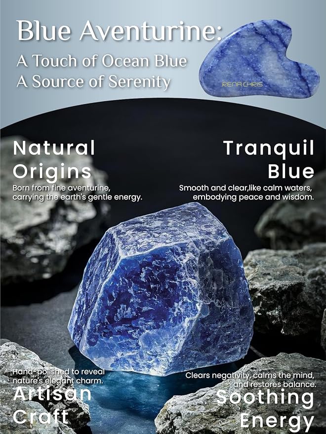 Rena Chris Gua Sha Facial Tools: Natural Blue Aventurine Guasha Tool for Face Acupuncture Therapy, Facial Massager for Jawline Sculpting and Puffiness Reducing (Blue)