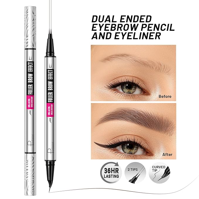Pudaier 2 Pack 2 Fine Tip Eyebrow Pen, Waterproof Filling Faux Brow Makeup Pencils for Women with Precise Curved Brush-Tip to Fast Create Natural Hair-Like Brows, Last All-Day (Cool Brown)