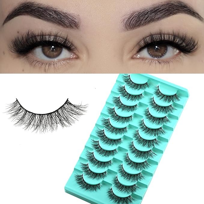 Natural Lashes Wispy Eyelashes Fluffy Mink Lashes Naturl Look Small Strip Eyelash 10 Pairs Short Lashes Pack Lightweight Cat Eye Lash Strips Set Soft Fake Eyelash (Flare Lash | 8-14mm)