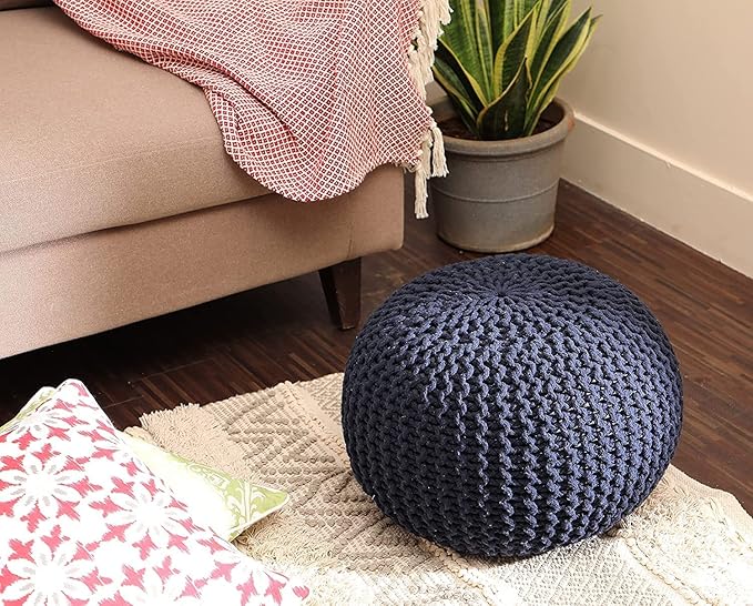 REDEARTH Round Pouf Foot Stool Bean Bag Ottoman - Cable Knitted Cord Boho Pouffe - Poof Accent Bean Bag - Handmade by Artisans for Living Room - Bedroom (19.5"x19.5"x14") - Navy Blue