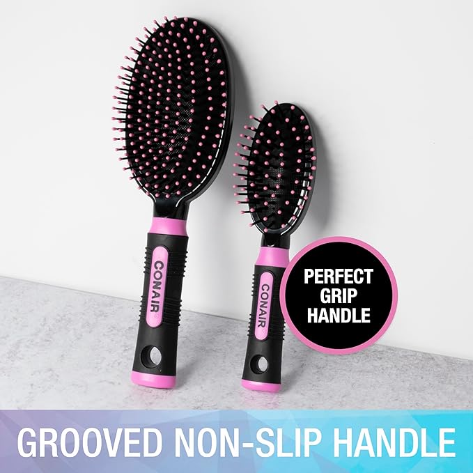 Conair Salon Results Cushion Hairbrush Set - men & women - hairbrushes for all hair types - detangling - features Travel size + Full-size - Pink/Black