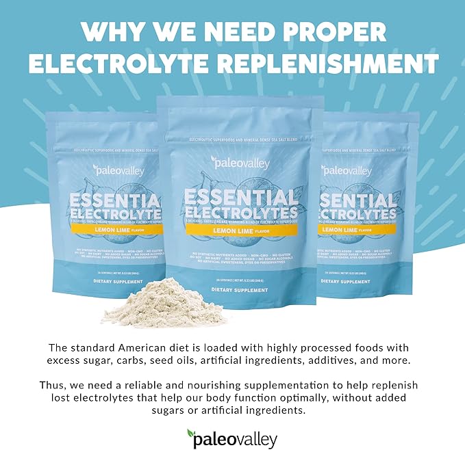 Paleovalley Essential Electrolytes Powder - Full Spectrum Lemon Lime Electrolyte Powder for Hydration, Energy and Muscle Recovery - No Sugar Added - 28 Servings