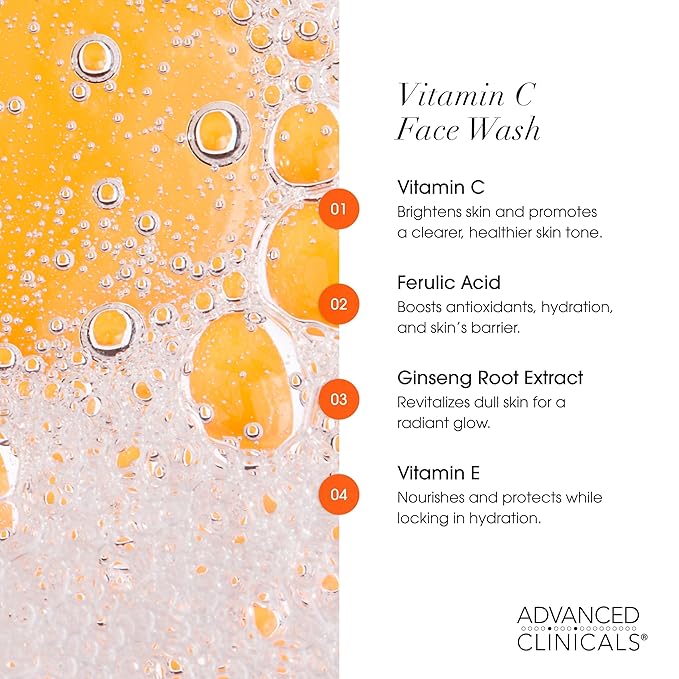 Advanced Clinicals Exfoliating Glycolic Acid & Salicylic Acid Face Wash + Hydrating Vitamin C Facial Cleanser 2pc AM/PM Skin Care Set For Women & Men To Gently Exfoliate & Cleanse Dirt & Oil, 2PC