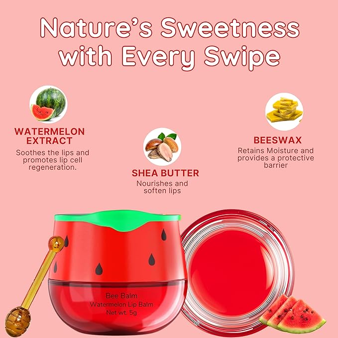 Original My Bee Balm Lip Balm - Watermelon Hydrating Balm Honey Pot for Dry, Chapped & Cracked Lips with Propolis, Honey & Vitamin E - Soften, Smooth & Reduce Lip Lines (Pack of 2)