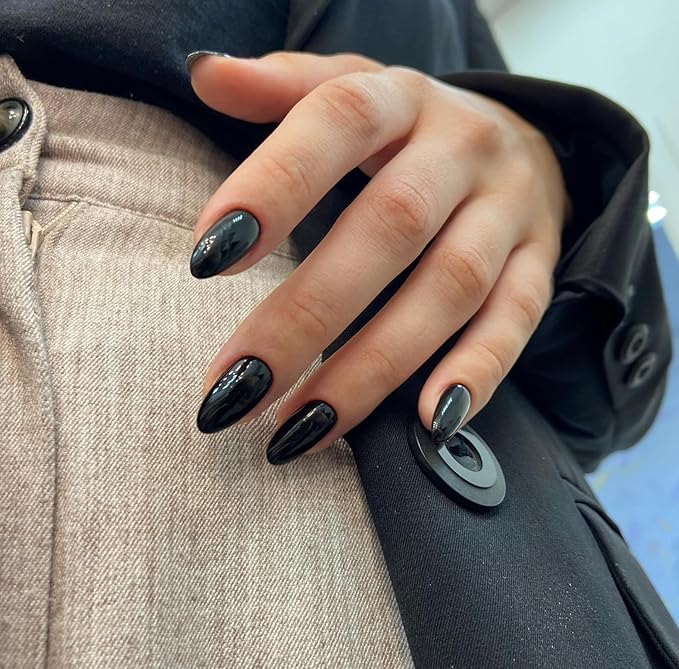 Black Press on Nails Short Almond Fake Nails Press ons, Thick Solid Color Glue on Nails Short False Nails, Medium Almond Nails Oval Round Shaped Nails for Women, 24Pcs