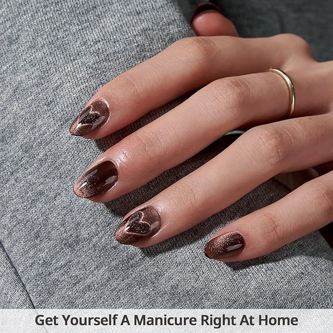 BTArtbox Extra Short Almond Press On Nails - Brown Cat Eye Press On Nails with Glue for Women, Opaque Soft Gel Glue On Nails in 16 Sizes - 32 Stick On Nails Kit, Heart Coffee Art