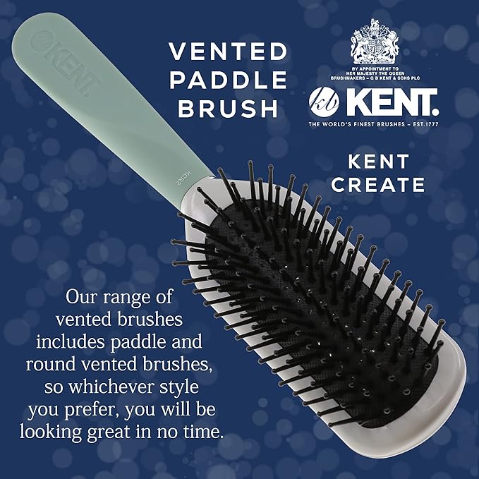 Kent KCR2 "Create" Vented Cushion Paddle Hair Brush for Blowdrying, Root Lift, and Volume in All Hair Types - Vent Brush with Green Ergonomic Handle and Soft Ball Tipped Bristles for Pain Free Use