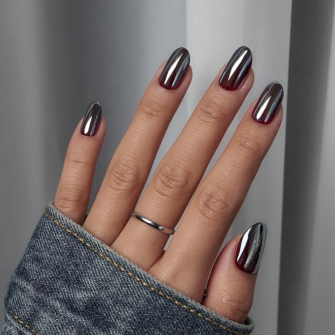 BTArtbox Press On Nails Short - Dark Oval Press On Nail, Chrome Glazed Glue On Nails, Supremely Fit & Glossy Stick On Nails in 16 Sizes - 30 Fake Nails Kit, Magic Mirror