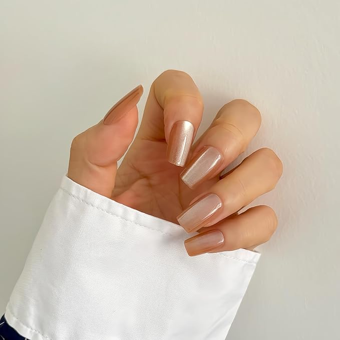 Brown Glossy Cat Eye Press-On Nails, 12 Shapes, 24-Piece Set with Stick, Glue, Alcohol Pad, Nail File, Reusable and Durable for Daily Wear and Special Occasions