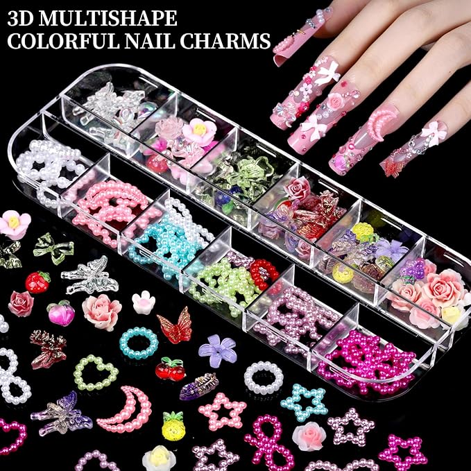 FANDAMEI Nail Charms, 8-Box Nail Charms and Gems, Fruit Bow Hawaii Flowers Petals 3D Nail Art Charms Bulk, Charms Y2K for Nails, Colorful Bubble Beads Nail Rhinestones, Gold Studs Nail Pearls for DIY