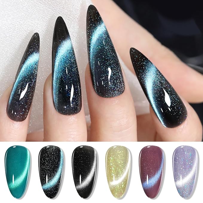 Born Pretty Cat Magnetic Eye Gel Nail Polish, 6 Colors 9D Magnetic Glitter Gel Polish Set Black Blue Purple Green Nail Polish Kit Soak Off LED Nail Art DIY Salon Gift