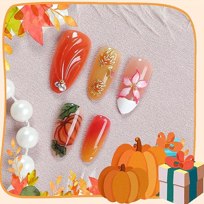 30Pcs Fall Press on Nails Almond Medium Maple Leaf Fake Nails with 3D Flower Pumpkin Designs Autumn Thanksgiving Maple Leaves Nail Tips Gold Bead Rhinestone Full Cover Acrylic Stick on Nails for Women