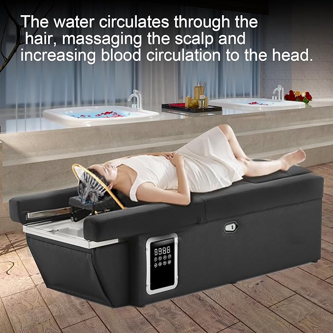 Massage Bed with Shampoo Bowl - Professional Head Spa Equipment for Beauty Salons, Adjustable Backwash Unit with Foot Bath Function, Beauty Bed, Black