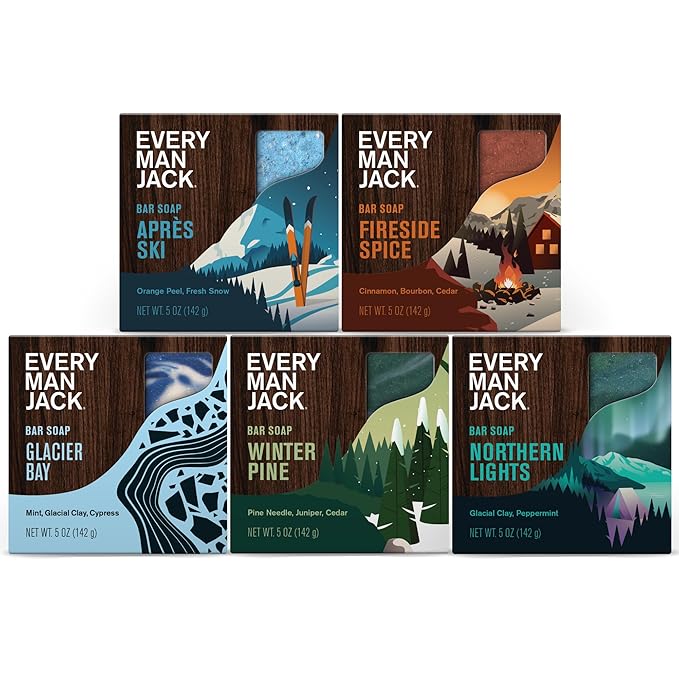Every Man Jack Cold Processed Mens Bar Soap Gift Set - Invigorating Winter Scents - Deeply Cleans, Hydrates with Naturally Derived Ingredients - 5 Bar Variety Pack