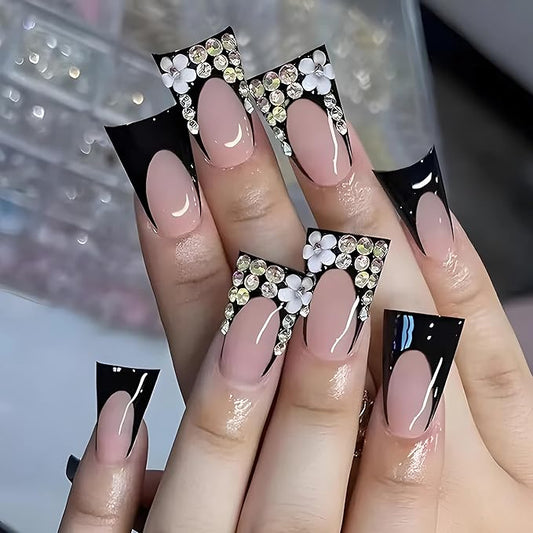 BABALAL Duck Nails Press on Black French Tip Fake Nails with Flower Charm Acrylic Nails Rhinestone Bling Shiny False Nails Full Cover Duck Bill Stick on Nails Supplies Diy Nails for Women Girls