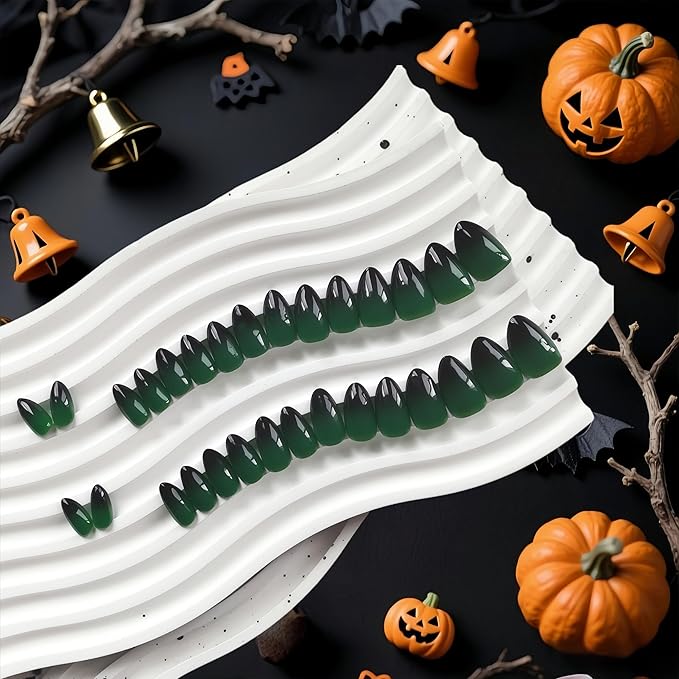 KQueenest Green Black Press On Nails Short Almond, Ombre French Press On Nails with Glue, Dark Fake Nails Press ons, Soft Gel Glue on Nails with Gradient Design for Women Christmas, 30 Pcs