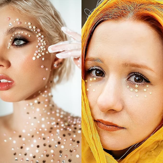 975Pcs Face Gems Hair Gems, Self-Adhesive Face Jewels Eye Jewels Rhinestones 3/4/5/6 mm DIY Face Gems Stick on, Hair Body Rhinestones Gems Crystals Pearls for Face Makeup, Crafts (Pearl_Beige)