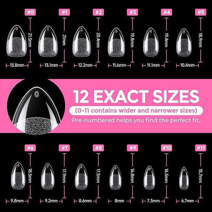 UNA GELLA Short Almond Fake Nails 216pcs Pre-shape Gel Acrylic Nail Tips for Full Cover Nail Extension Home DIY Nail Salon 12 Sizes Gelly Tips
