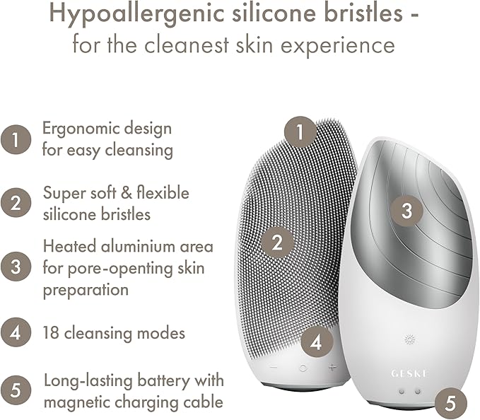 GESKE SmartAppGuided Sonic Thermo Facial Brush | 6 in 1 | Skin Cleansing | Cleansing Brush with Thermal Function | Electric Facial Massager