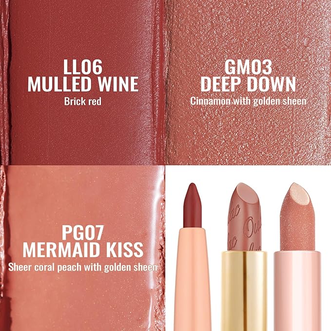 Oulac Lipstick & Lipliner Set 3PCS High Impact Lipcolor with Moisturizing Formula, Vegan Beauty, Full-Coverage Lip Color, Gift Lipstick for Women, LL06+GM03+PG07